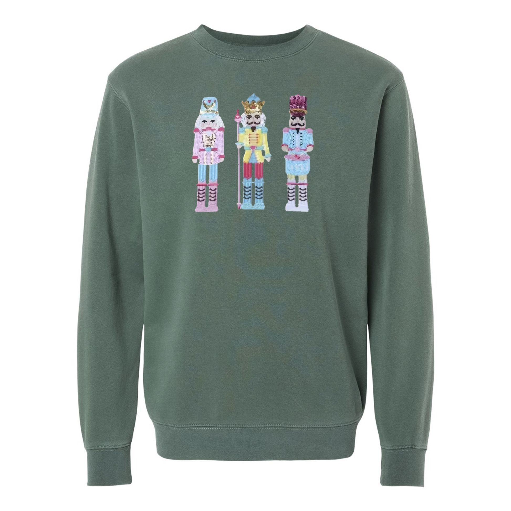 Flat lay of nutcracker appliqué pigment-dyed crewneck sweatshirt in green
