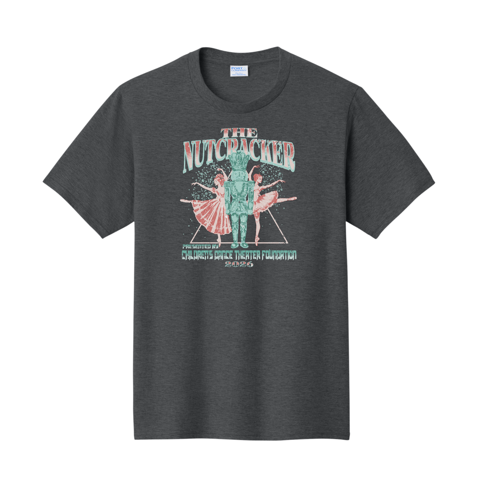A dark heather gray crewneck t-shirt featuring a vintage-style graphic of 'The Nutcracker' ballet with a soldier and ballerinas, displayed on a clean white background.