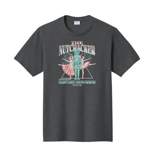 A dark heather gray crewneck t-shirt featuring a vintage-style graphic of 'The Nutcracker' ballet with a soldier and ballerinas, displayed on a clean white background.